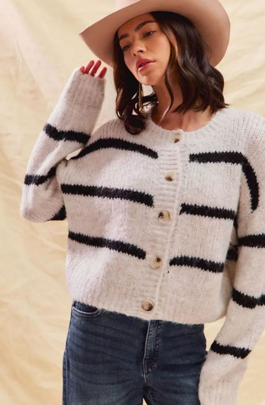 Women's Striped Button-Front Cardigan – Gold-Tone Buttons in White, alternative view