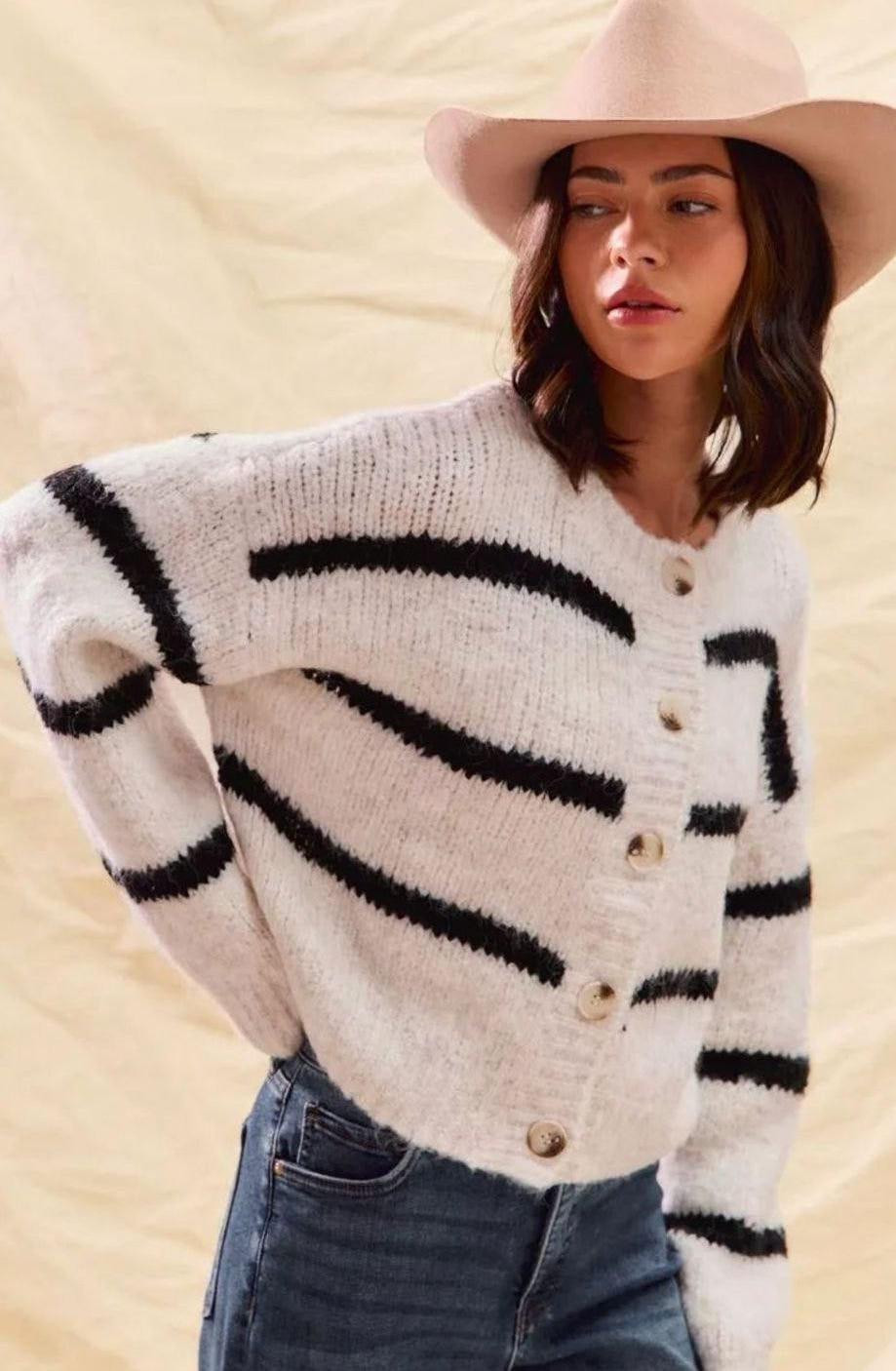 Women's Striped Button-Front Cardigan – Gold-Tone Buttons in White, alternative view