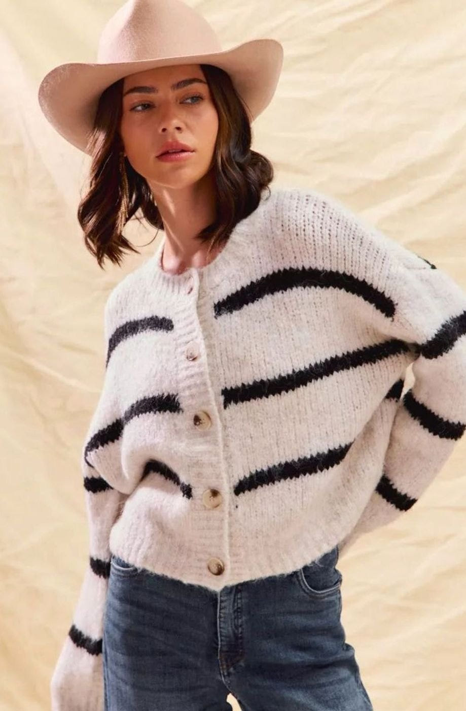 Women's Striped Button-Front Cardigan – Gold-Tone Buttons in White, alternative view