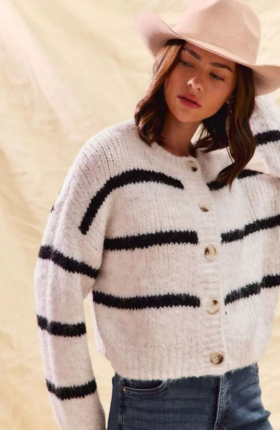 Women's Striped Button-Front Cardigan – Gold-Tone Buttons in White, alternative view