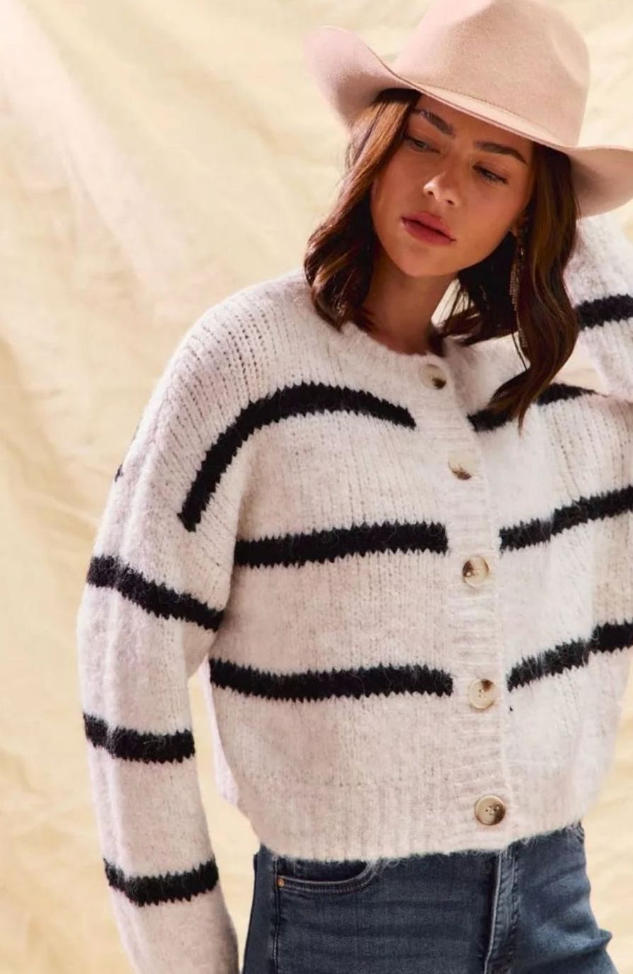 Women's Striped Button-Front Cardigan – Gold-Tone Buttons in White, alternative view