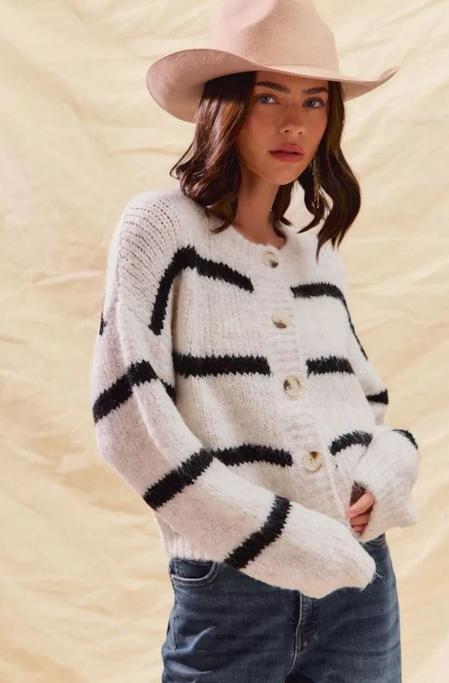 Women's Striped Button-Front Cardigan – Gold-Tone Buttons in White, alternative view