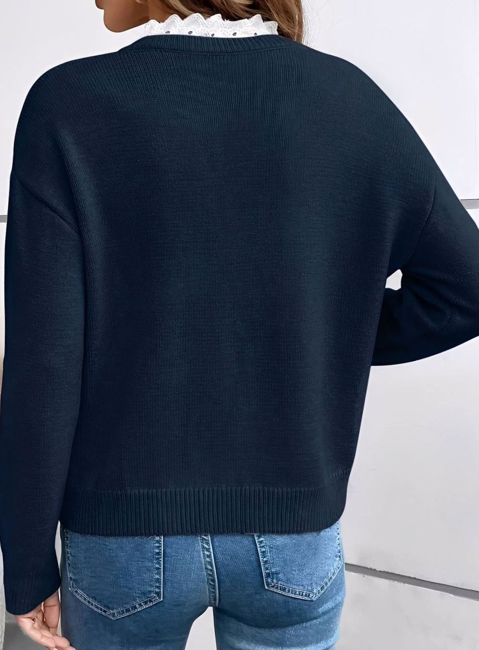 Women's Lace-Trim V-Neck Sweater – Ribbed Knit, alternative view