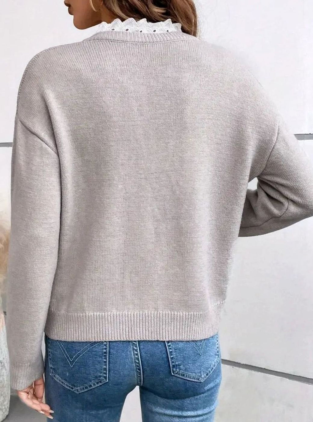 Women's Lace-Trim V-Neck Sweater – Ribbed Knit, alternative view
