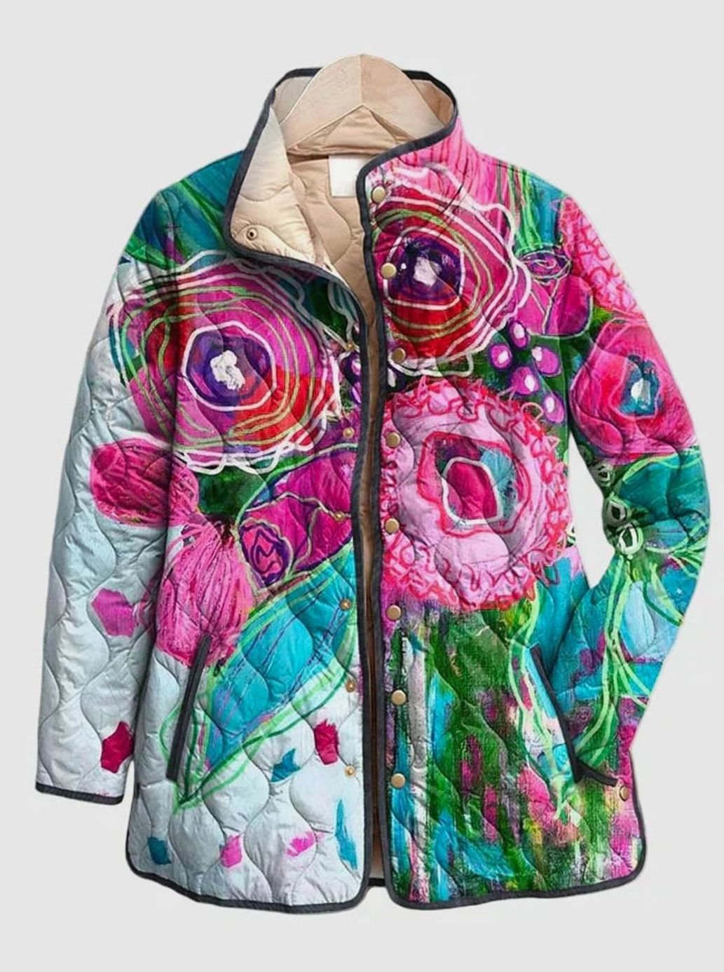 Women's Floral Quilted Jacket – Stand Collar and Snap Front in Pink/Turquoise/Green