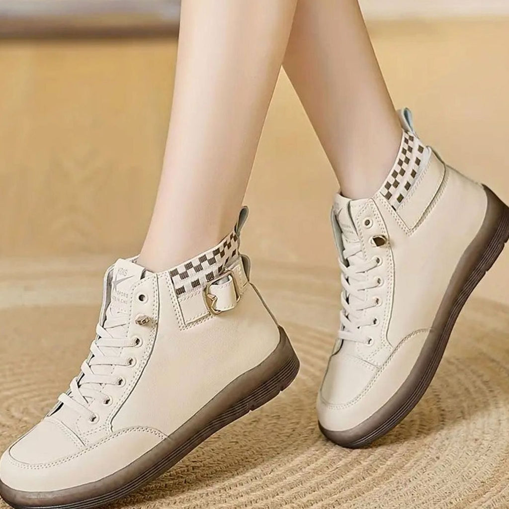 Women's High-Top Sneaker Boots – Buckle Strap and Check Trim in Beige