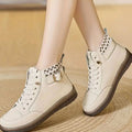 Women's High-Top Sneaker Boots – Buckle Strap and Check Trim in Beige