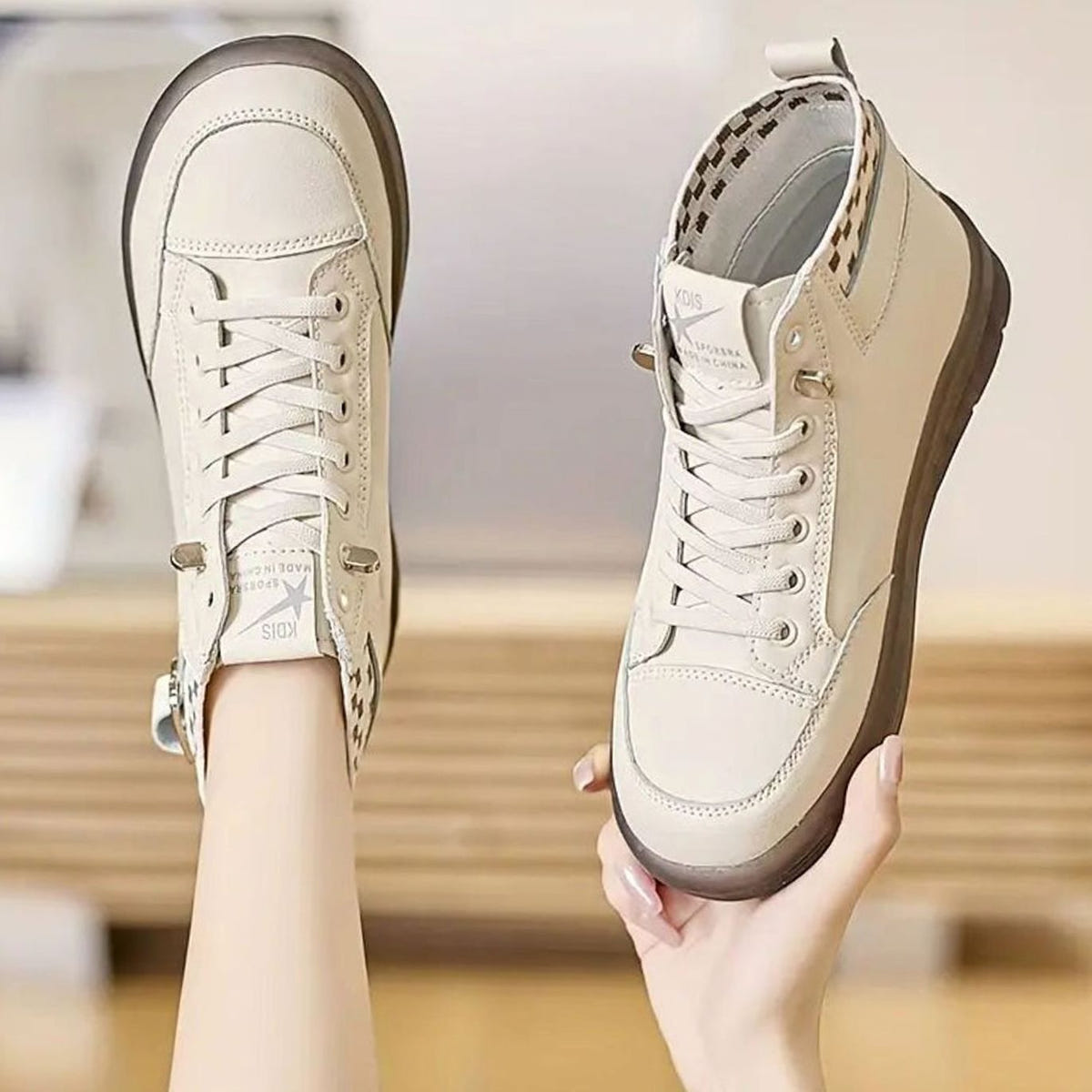 Women's High-Top Sneaker Boots – Buckle Strap and Check Trim in Beige, alternative view