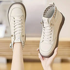 Women's High-Top Sneaker Boots – Buckle Strap and Check Trim in Beige, alternative view