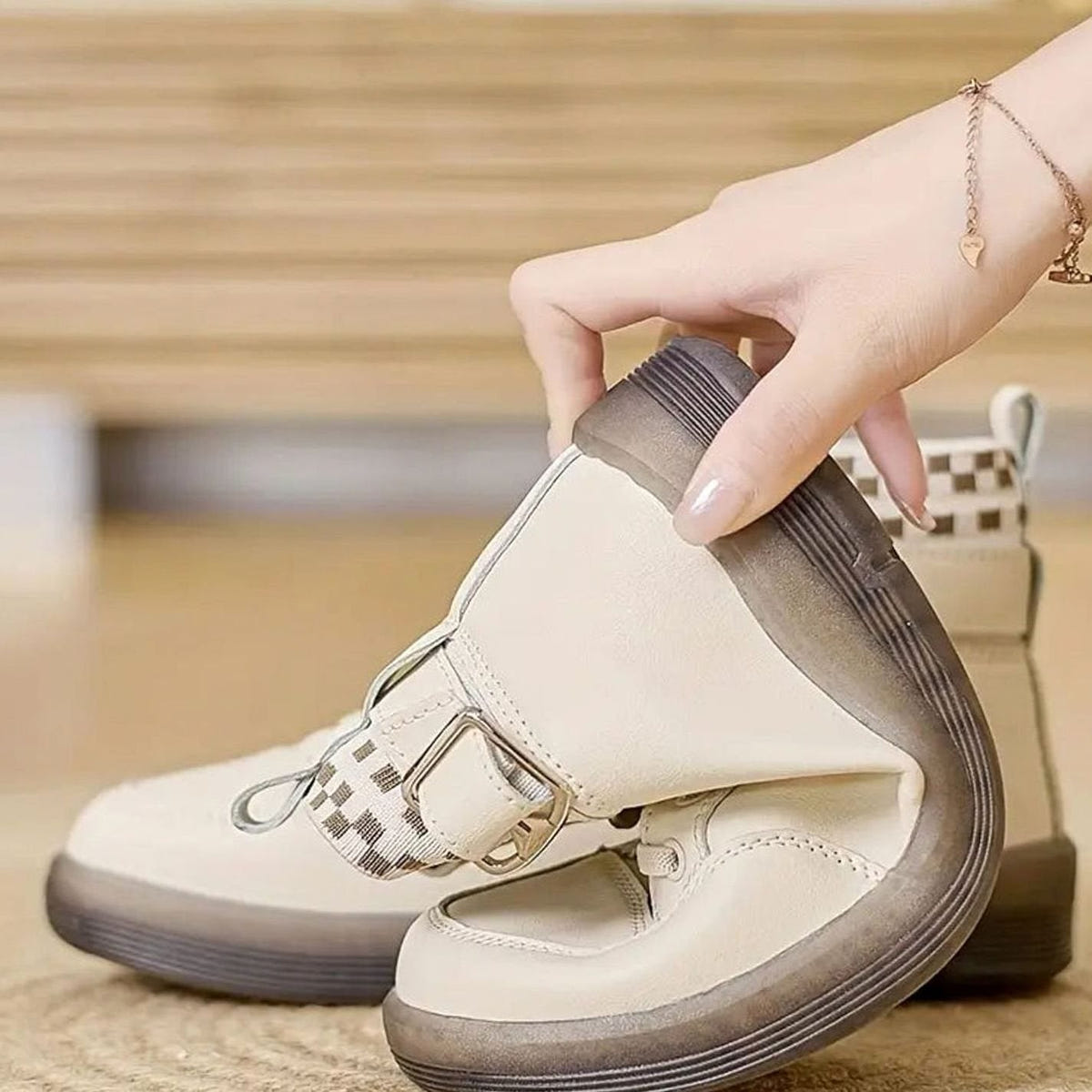 Women's High-Top Sneaker Boots – Buckle Strap and Check Trim in Beige, alternative view