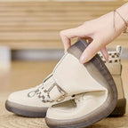 Women's High-Top Sneaker Boots – Buckle Strap and Check Trim in Beige, alternative view