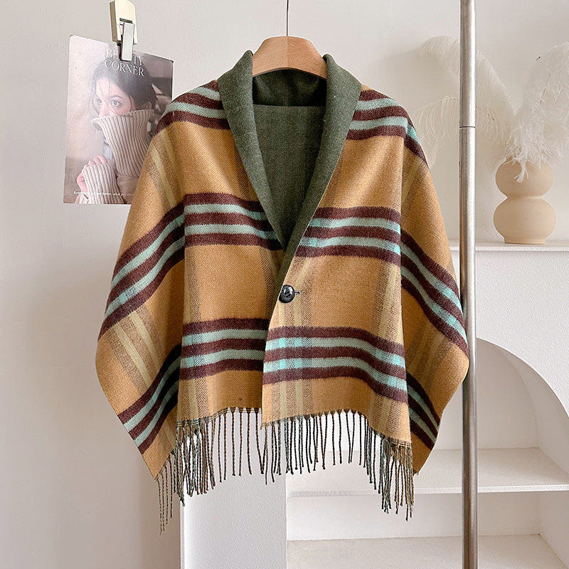 Women's Tassel Poncho Cape – Camel Check with Burgundy and Aqua