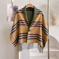 Women's Tassel Poncho Cape – Camel Check with Burgundy and Aqua
