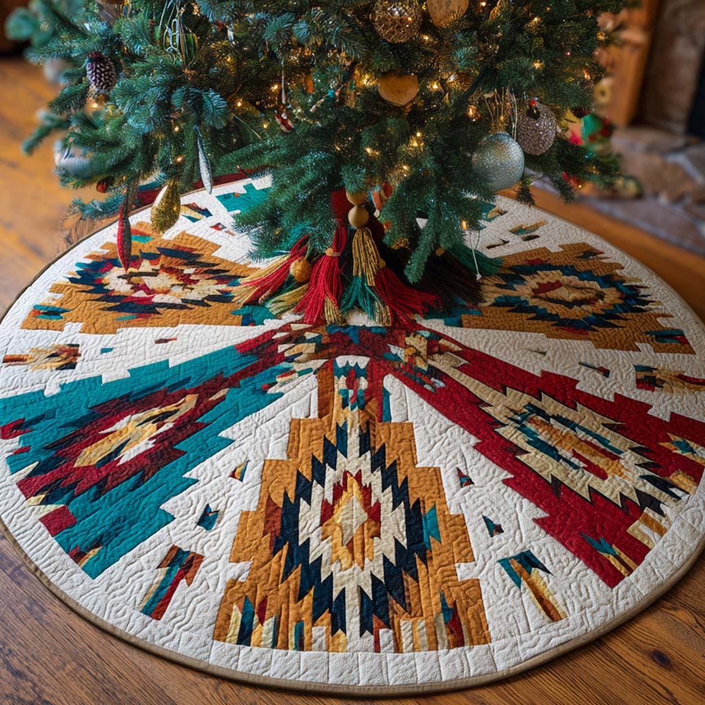 Quilted Christmas Tree Skirt – Southwestern Diamond Print, Cream