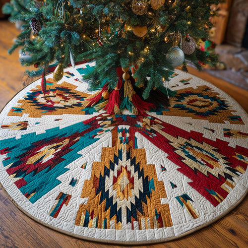 Quilted Christmas Tree Skirt – Southwestern Diamond Print, Cream