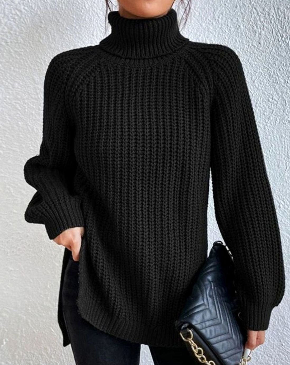 Women's Fitted Ribbed Turtleneck Sweater – Long Sleeves in Black
