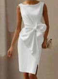 Women's Bow-Detail Bodycon Dress – Boat Neck and Front Slit in White