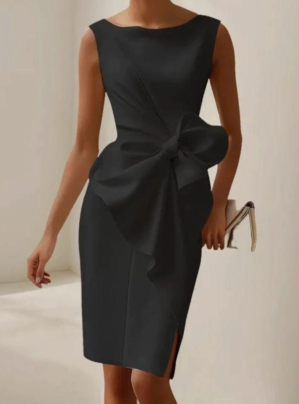 Women's Bow-Detail Bodycon Dress – Boat Neck and Front Slit in Black