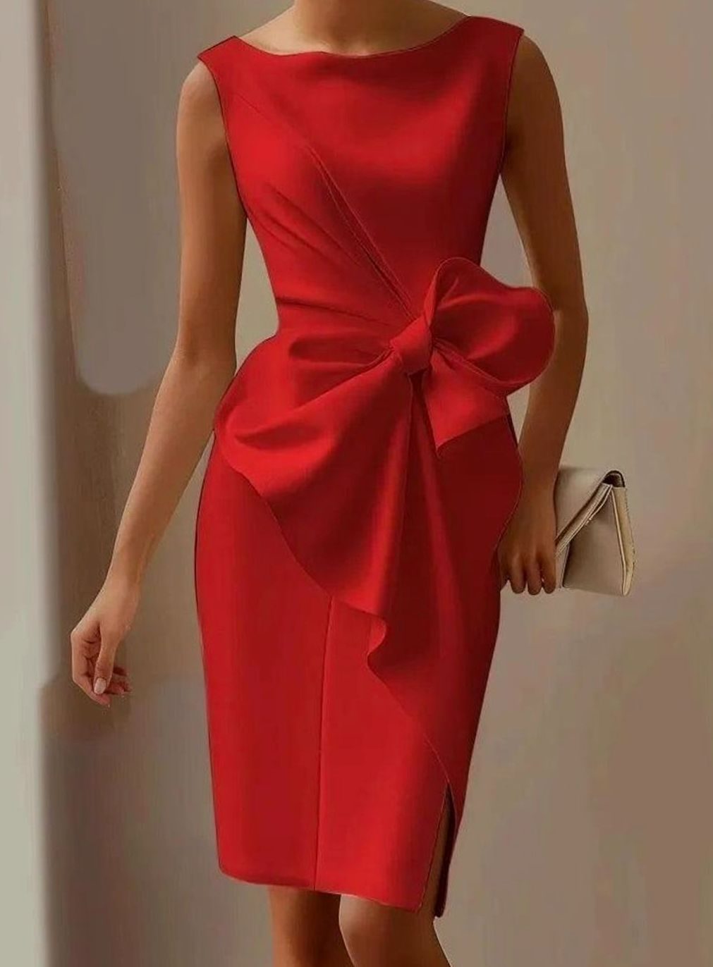 Women's Bow-Detail Bodycon Dress – Boat Neck and Front Slit in Rose Red