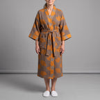 Women's Kimono Robe – Gold Ginkgo Leaf Print, Gray