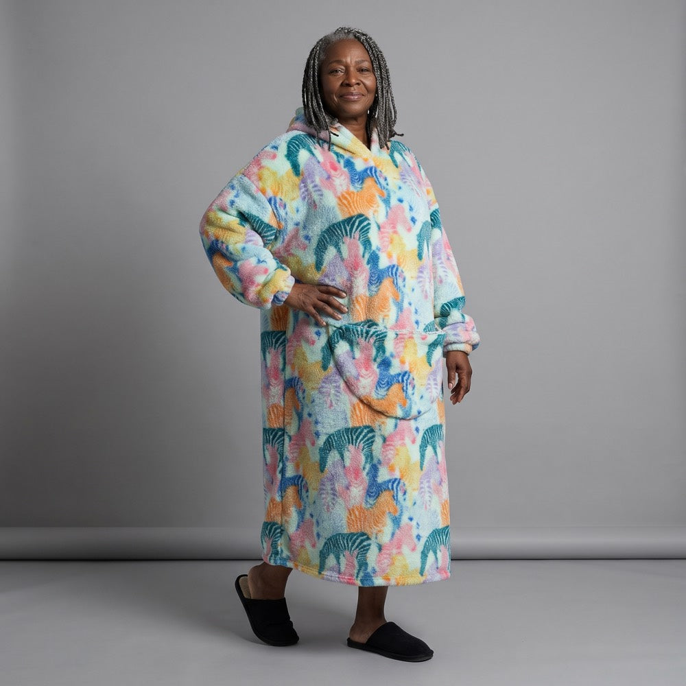 Women's Sherpa Fleece Blanket Hoodie – Colorful Zebra Print in Mint Green/Blue/Pink, alternative view