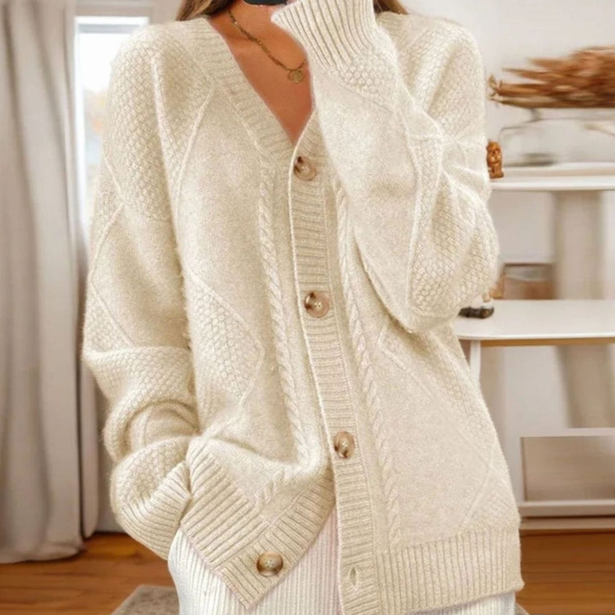Women's Cable-Knit V-Neck Cardigan – Gold-Tone Buttons in Light Beige