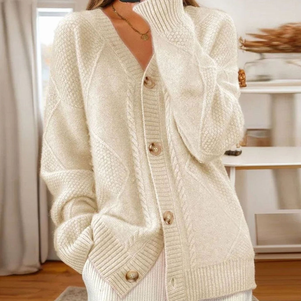 Women's Cable-Knit V-Neck Cardigan – Gold-Tone Buttons in Light Beige