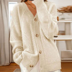 Women's Cable-Knit V-Neck Cardigan – Gold-Tone Buttons in Light Beige