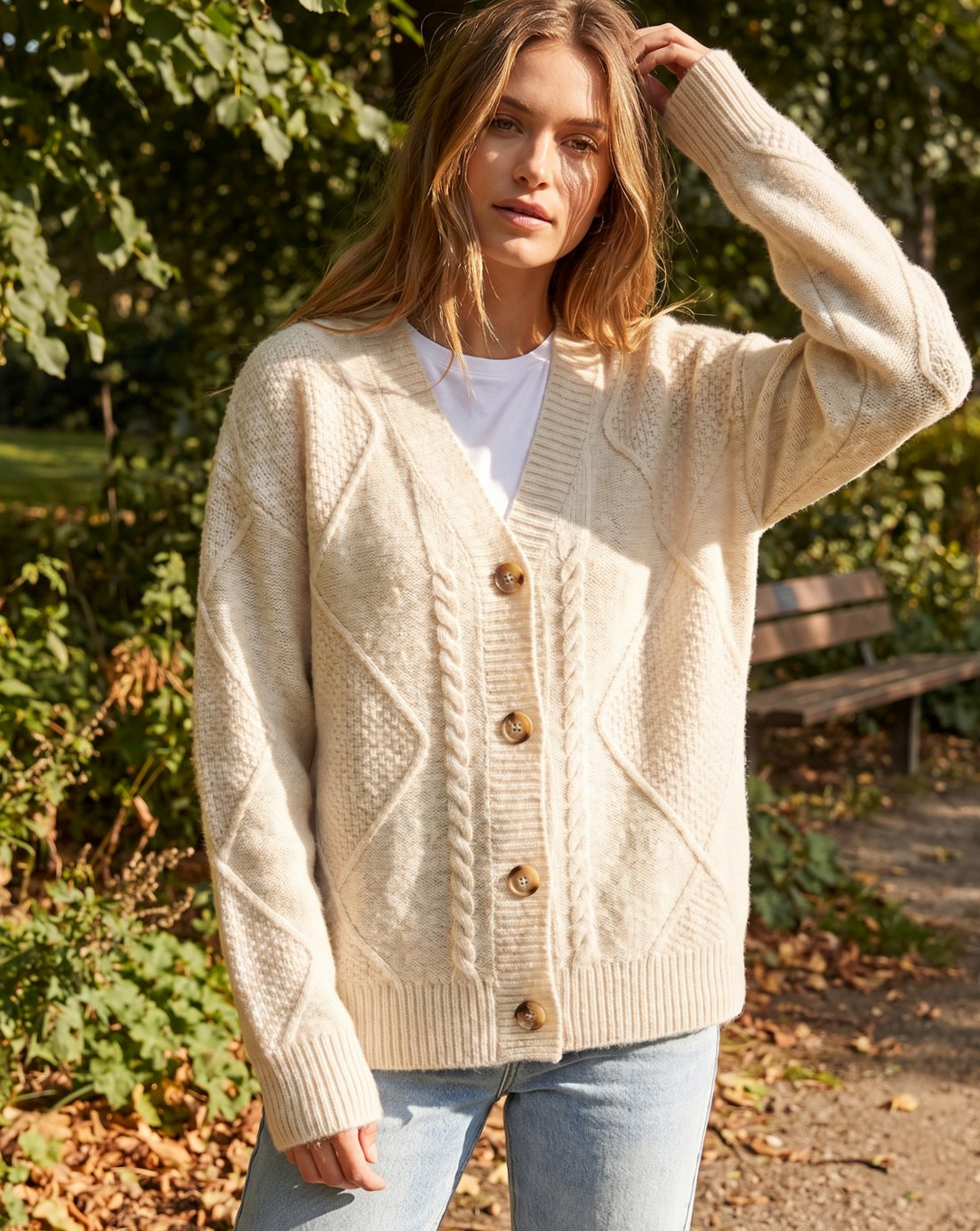 Women's Cable-Knit V-Neck Cardigan – Gold-Tone Buttons, alternative view