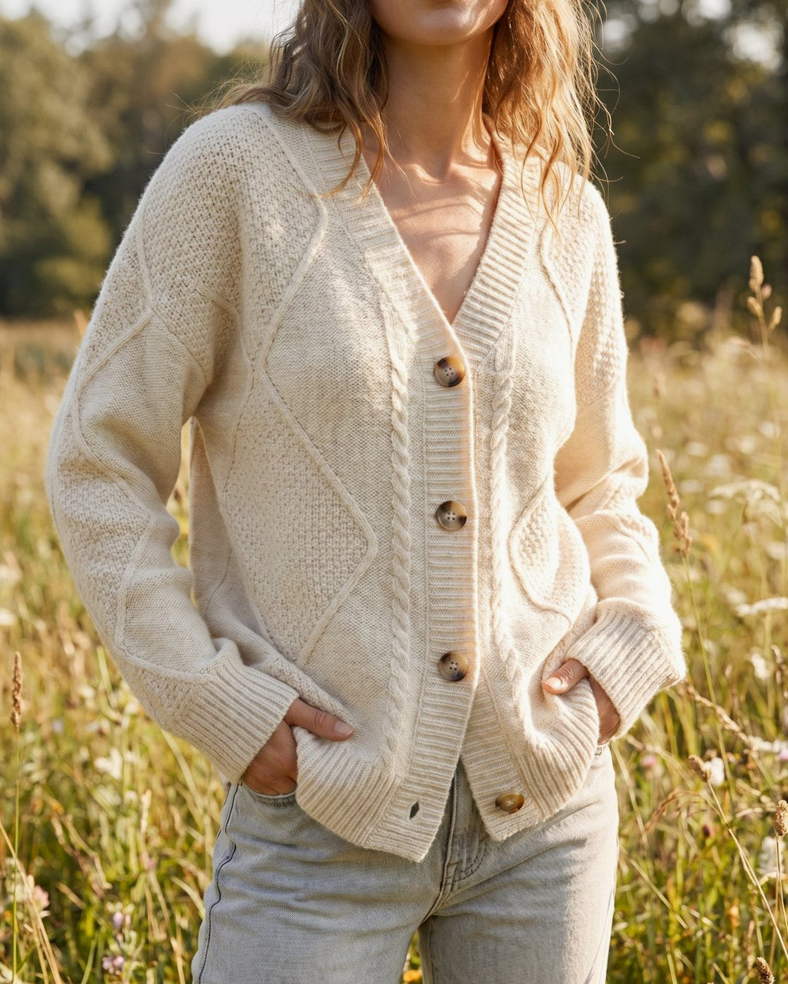 Women's Cable-Knit V-Neck Cardigan – Gold-Tone Buttons, alternative view