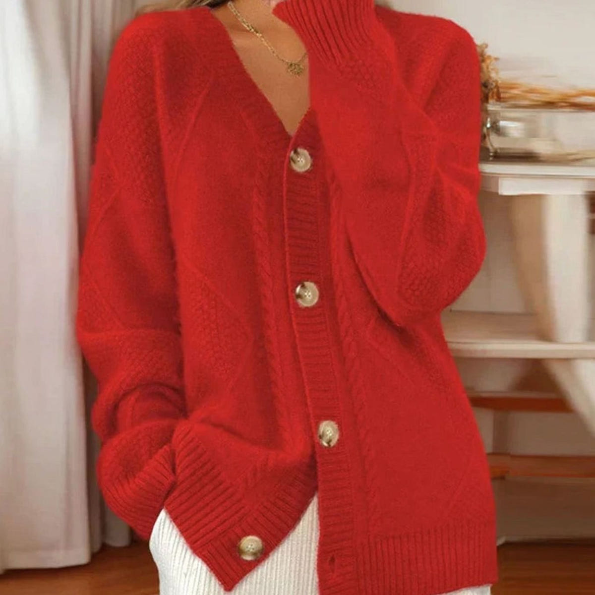 Women's Cable-Knit V-Neck Cardigan – Gold-Tone Buttons in Red