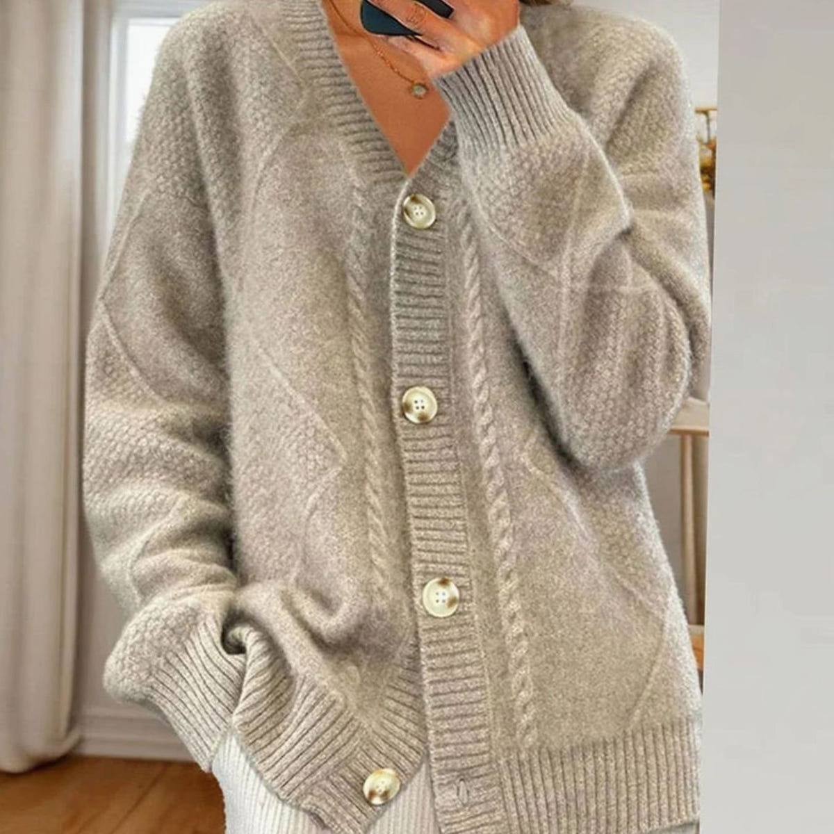 Women's Cable-Knit V-Neck Cardigan – Gold-Tone Buttons in Light Gray
