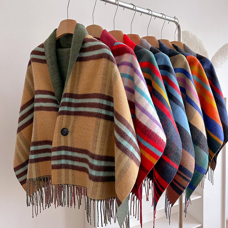 Women's Tassel Poncho Cape – Pink and Green Tartan, alternative view