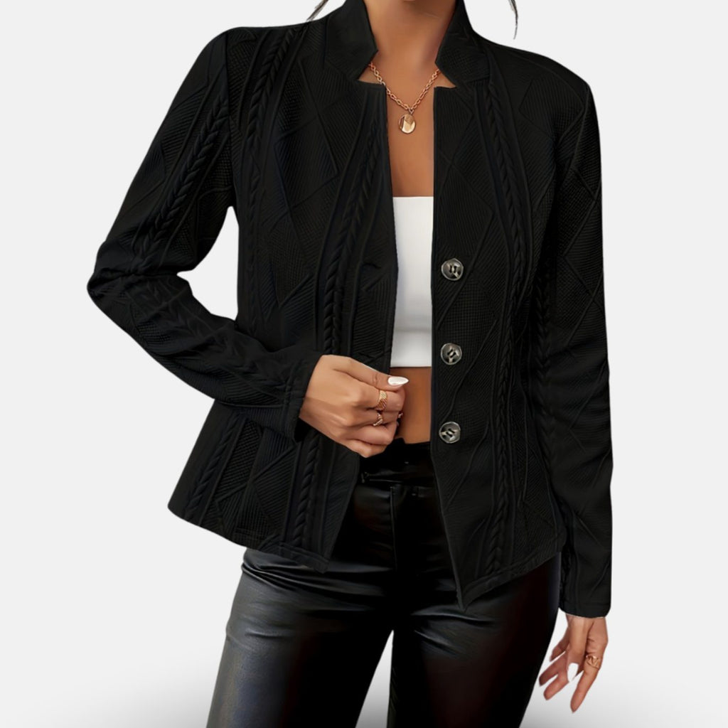 Women's Cable-Knit Blazer – Geometric Texture and Buttons in Black