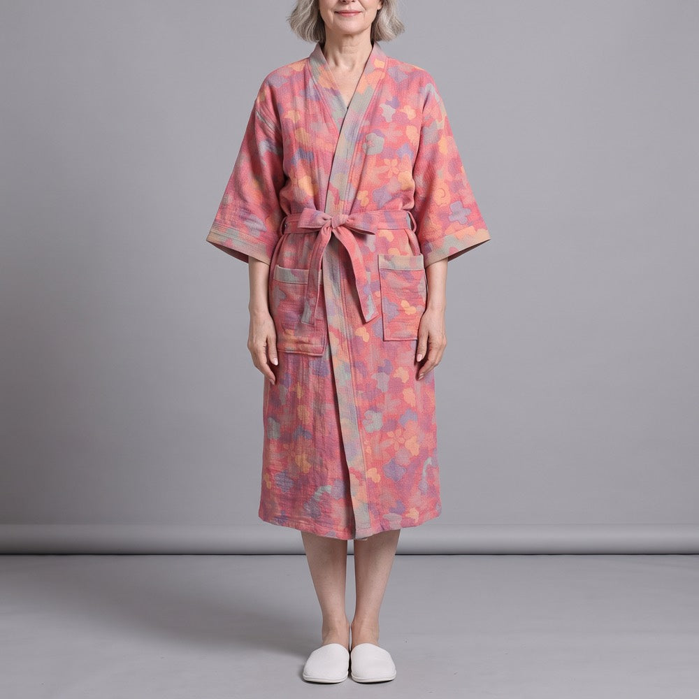 Women's Kimono Robe – Watercolor Floral Print, Pink, alternative view