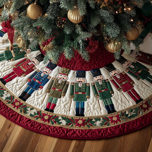 Quilted Christmas Tree Skirt – Nutcracker Print, Cream and Red