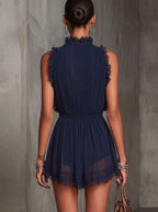 Women's Lace-Trim Romper – Deep V-Neck and Pleated Detail in Navy Blue, alternative view