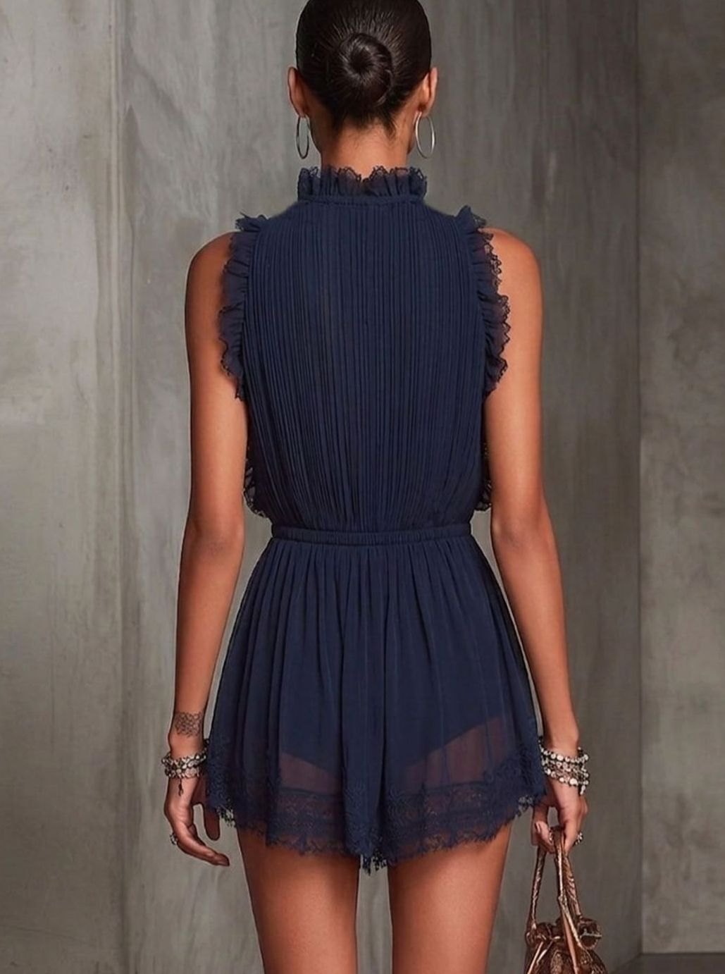 Women's Lace-Trim Romper – Deep V-Neck and Pleated Detail in Navy Blue, alternative view