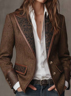 Women's Herringbone Blazer – Floral Panels and Contrast Trim, alternative view