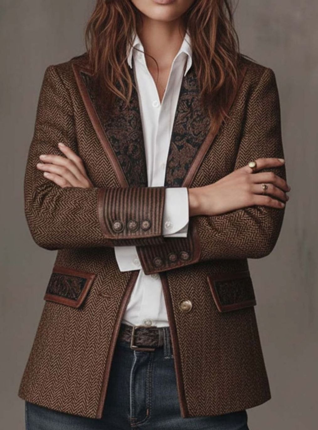 Women's Herringbone Blazer – Floral Panels and Contrast Trim, alternative view