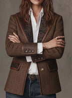 Women's Herringbone Blazer – Floral Panels and Contrast Trim, alternative view