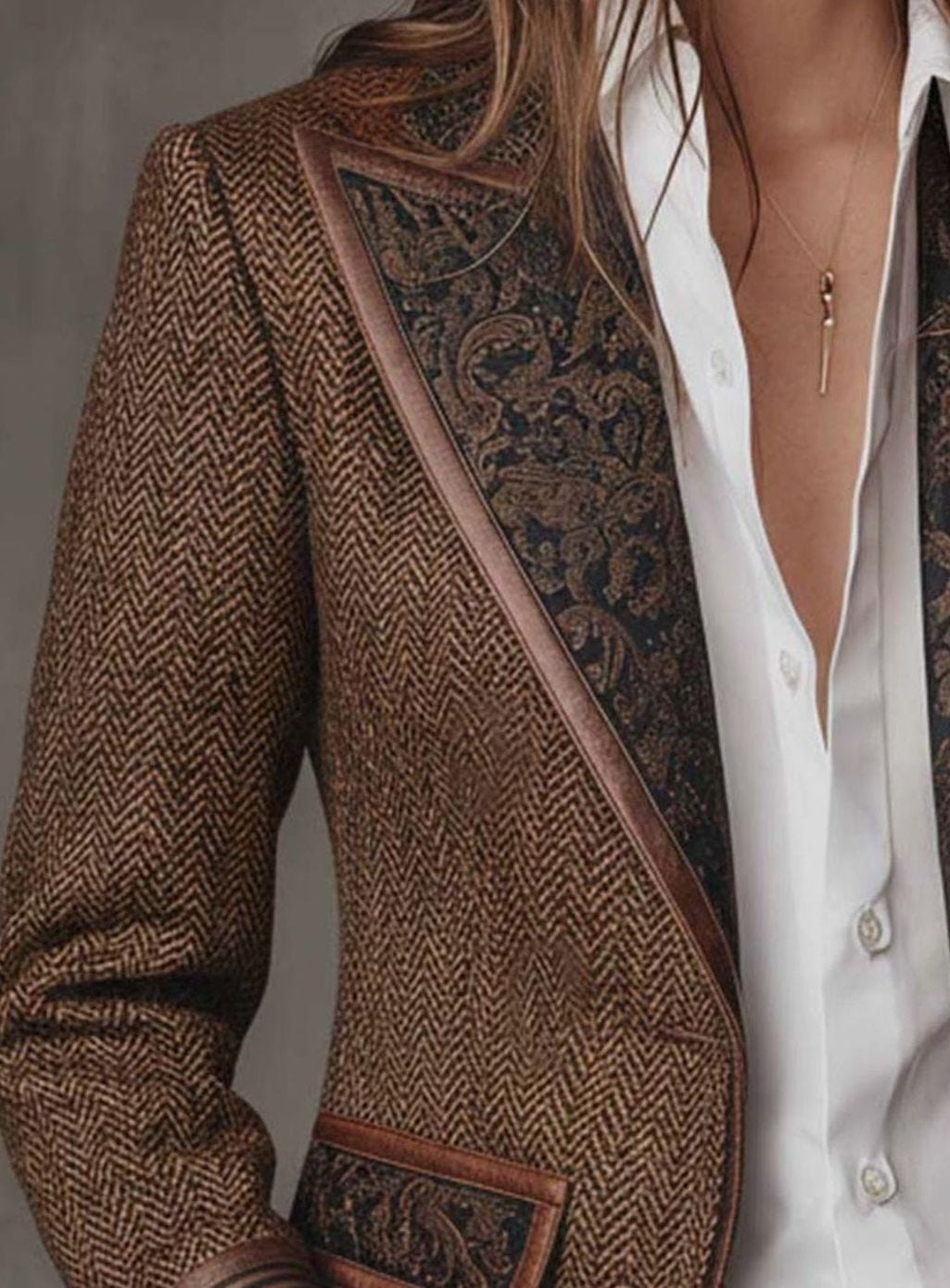Women's Herringbone Blazer – Floral Panels and Contrast Trim, alternative view
