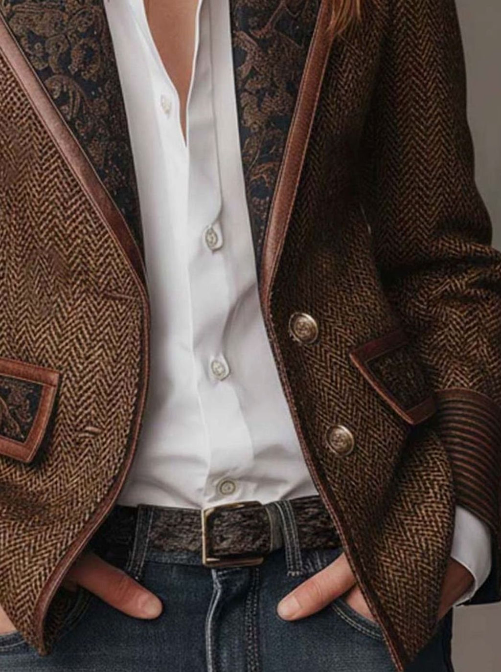 Women's Herringbone Blazer – Floral Panels and Contrast Trim, alternative view