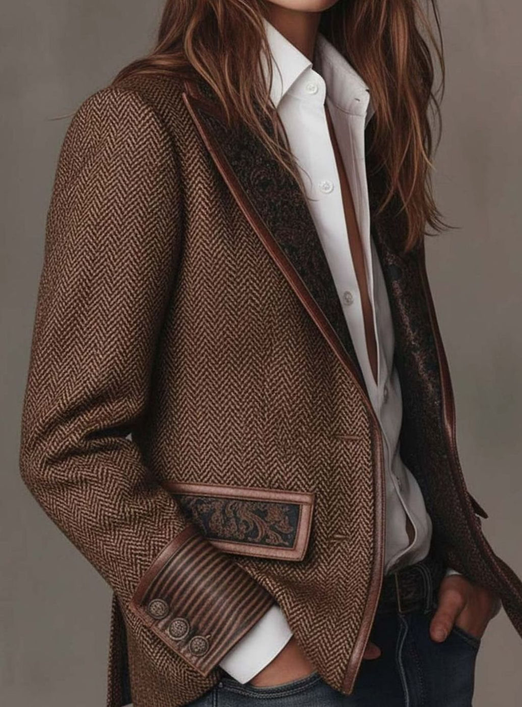 Women's Herringbone Blazer – Floral Panels and Contrast Trim, alternative view