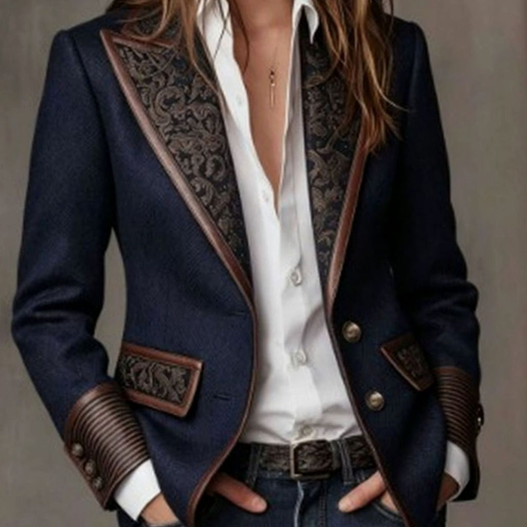Women's Herringbone Blazer – Floral Panels and Contrast Trim in Blue