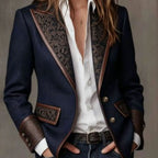 Women's Herringbone Blazer – Floral Panels and Contrast Trim in Blue