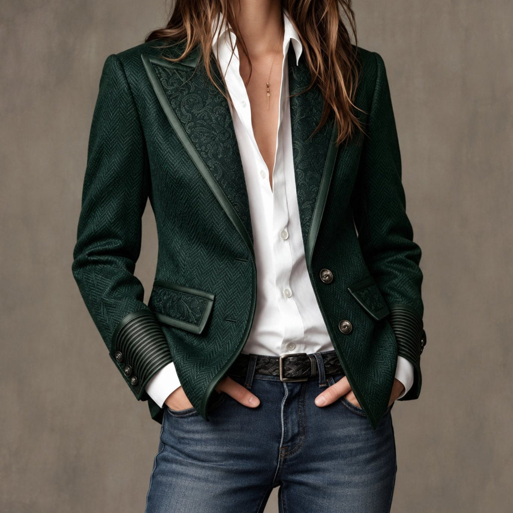 Women's Herringbone Blazer – Floral Panels and Contrast Trim in Green