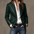 Women's Herringbone Blazer – Floral Panels and Contrast Trim in Green
