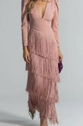 Women's Tiered Fringe Party Dress – Deep V-Neck in Pink