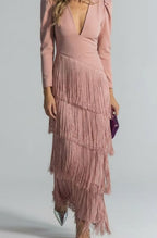 Women's Tiered Fringe Party Dress – Deep V-Neck in Pink